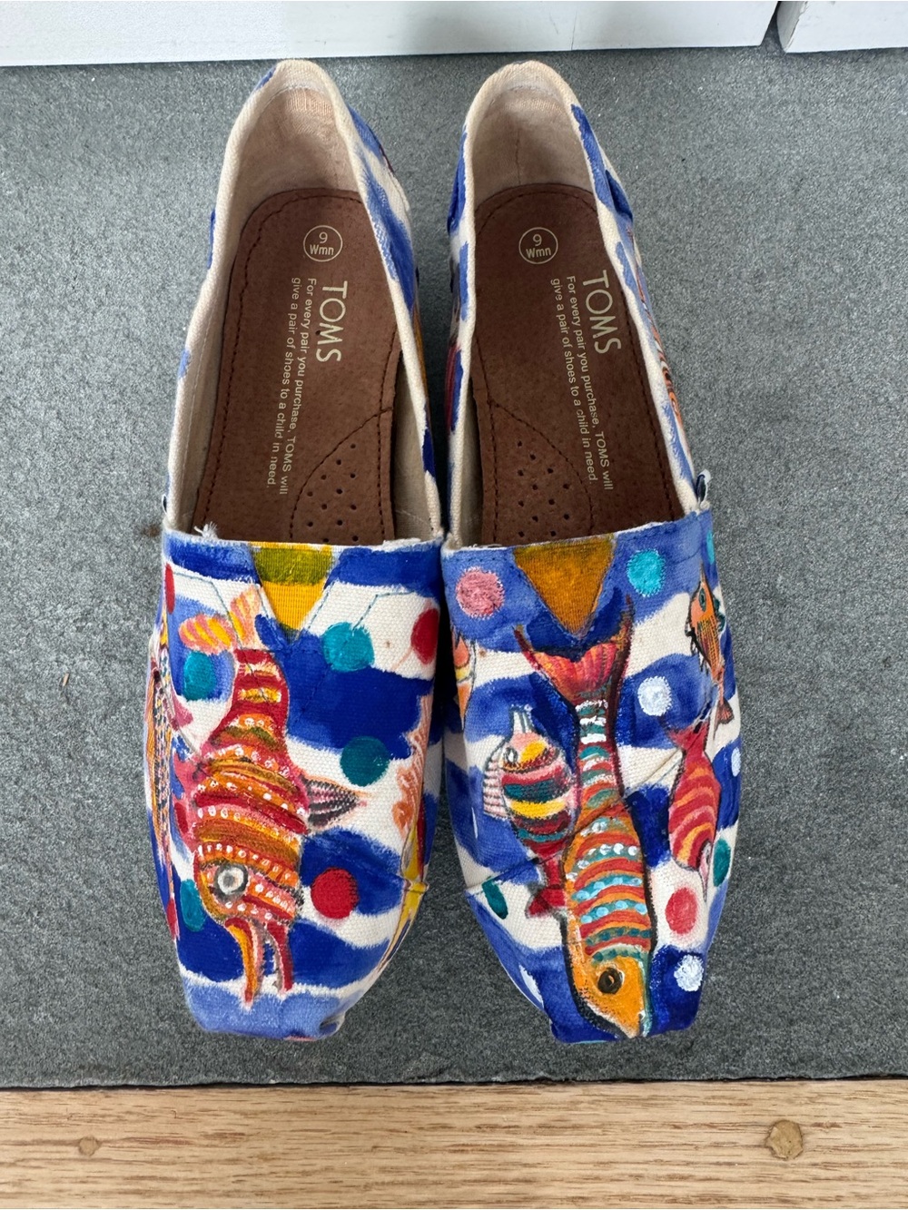 Toms Hand painted and signed by Paton Miller Fish Print Canvas Slip-Ons